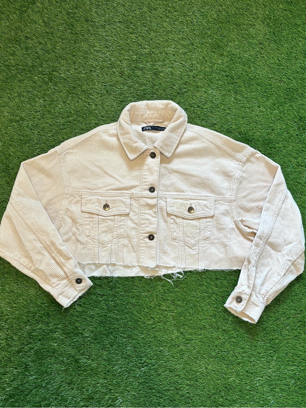Zara Cream Corduroy Cropped Raw Hem Trucker Jacket Small